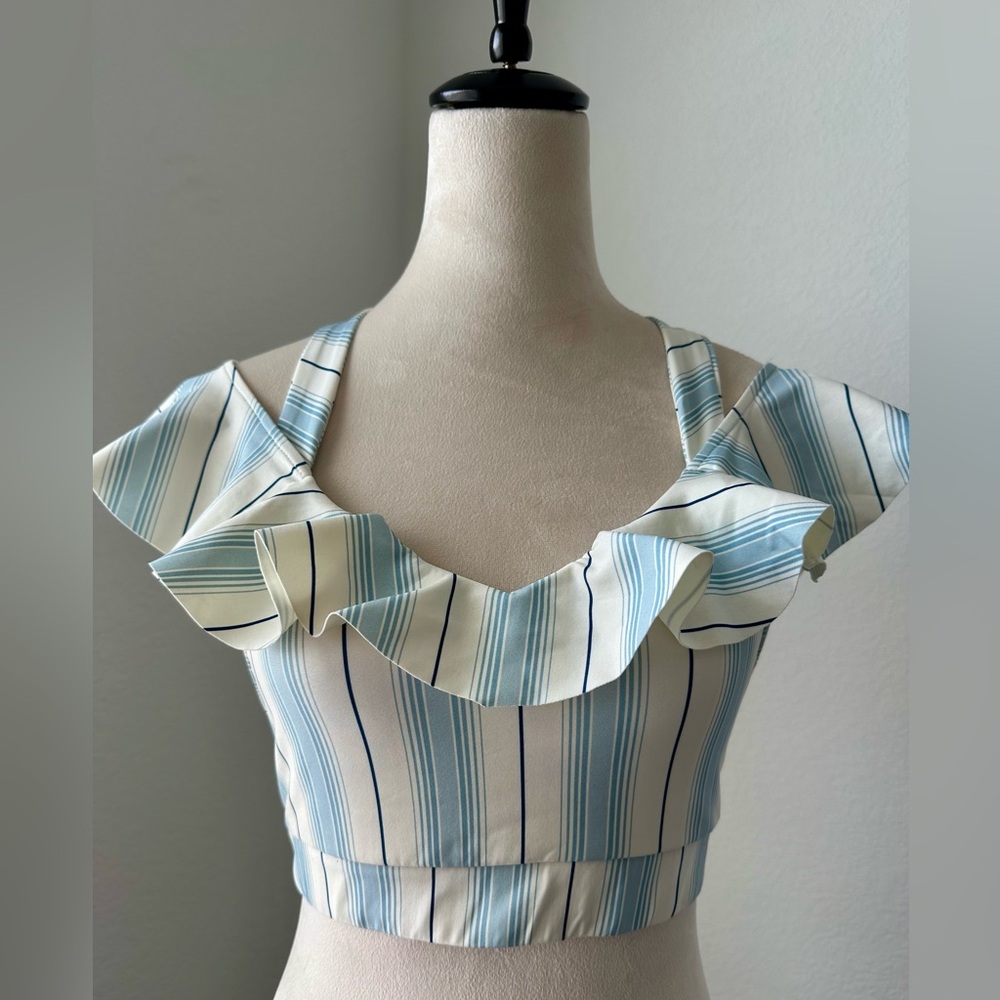 Carbon38 Blue and Cream Ruffle Halter Top